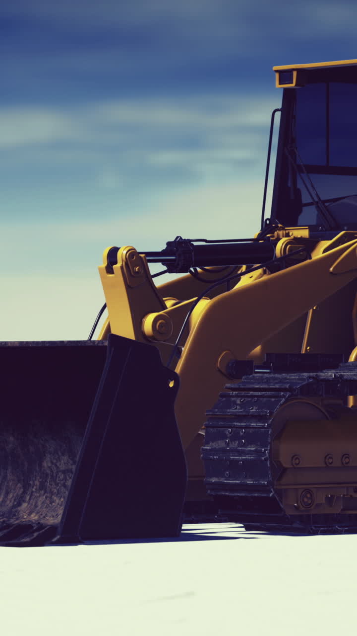Bulldozer on a snowy landscape creates tracks under a clear blue sky
