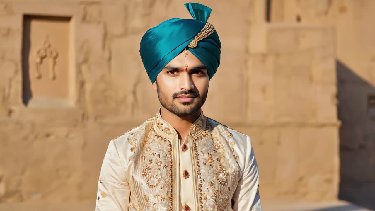 Indian groom wearing traditional clothing and elegant blue turban with golden decorations posing in front of a sand castle during a sunny day