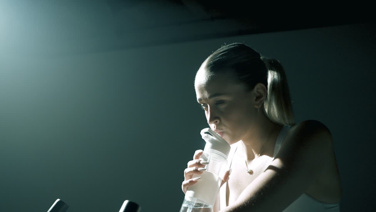 Shot from behind the shoulders of a woman as she pedals, moving through her profile to a frontal view while she drinks from a clear water bottle with a straw, lit with soft, cinematic studio lighting