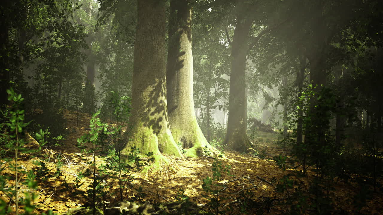 Sunlight filters through trees in a serene forest landscape during daytime