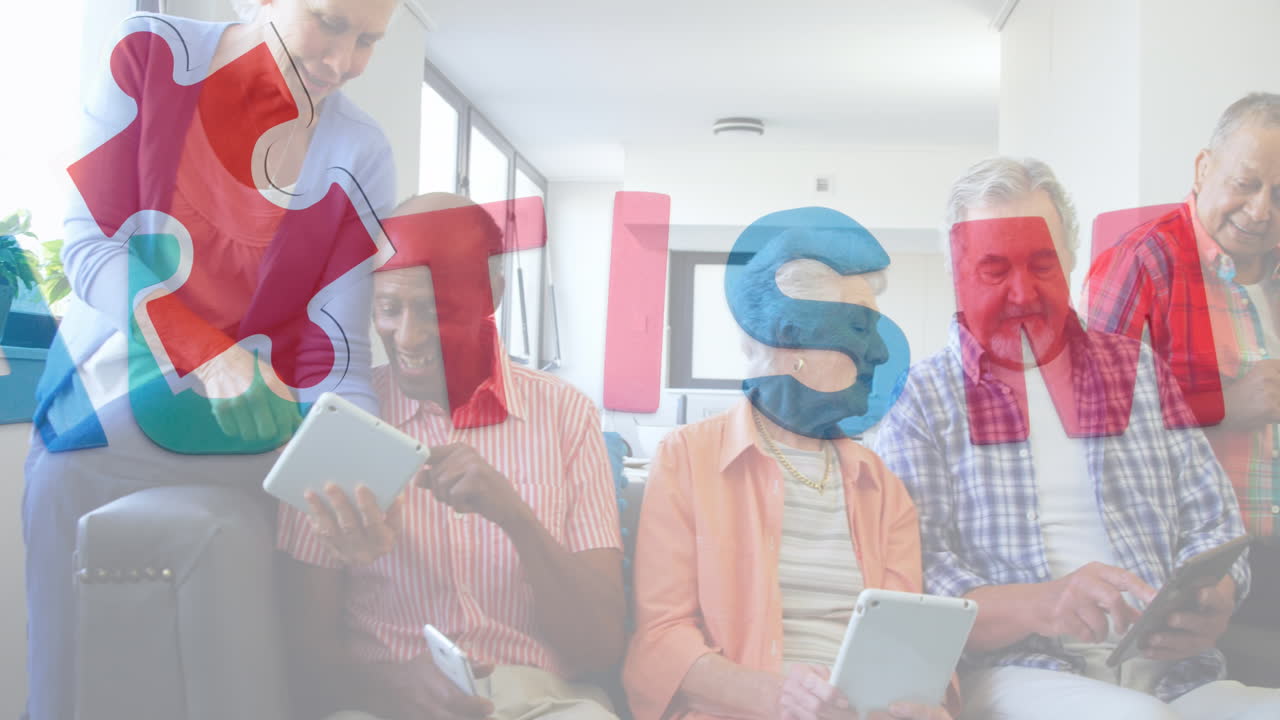 animación de piezas de rompecabezas coloridas y texto de autismo sobre amigos mayores utilizando dispositivos electrónicos