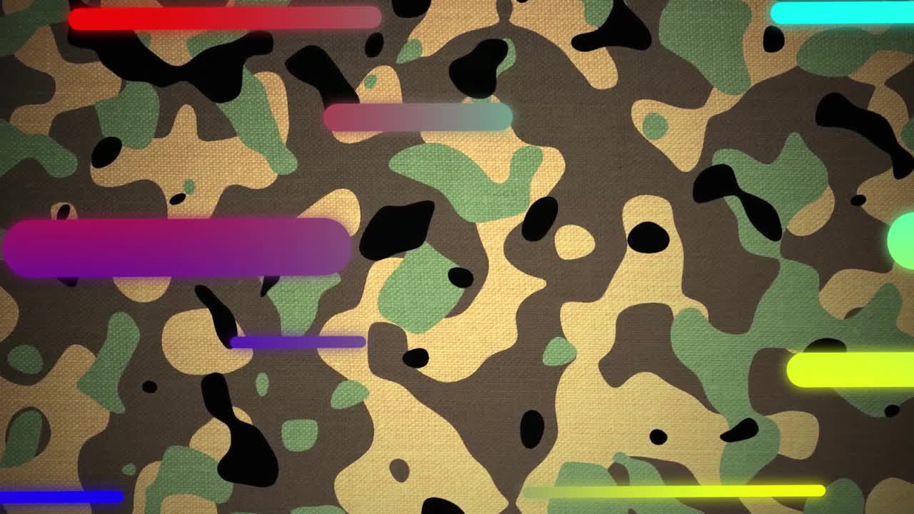 Animation of glowing neon lights moving over camouflage pattern background