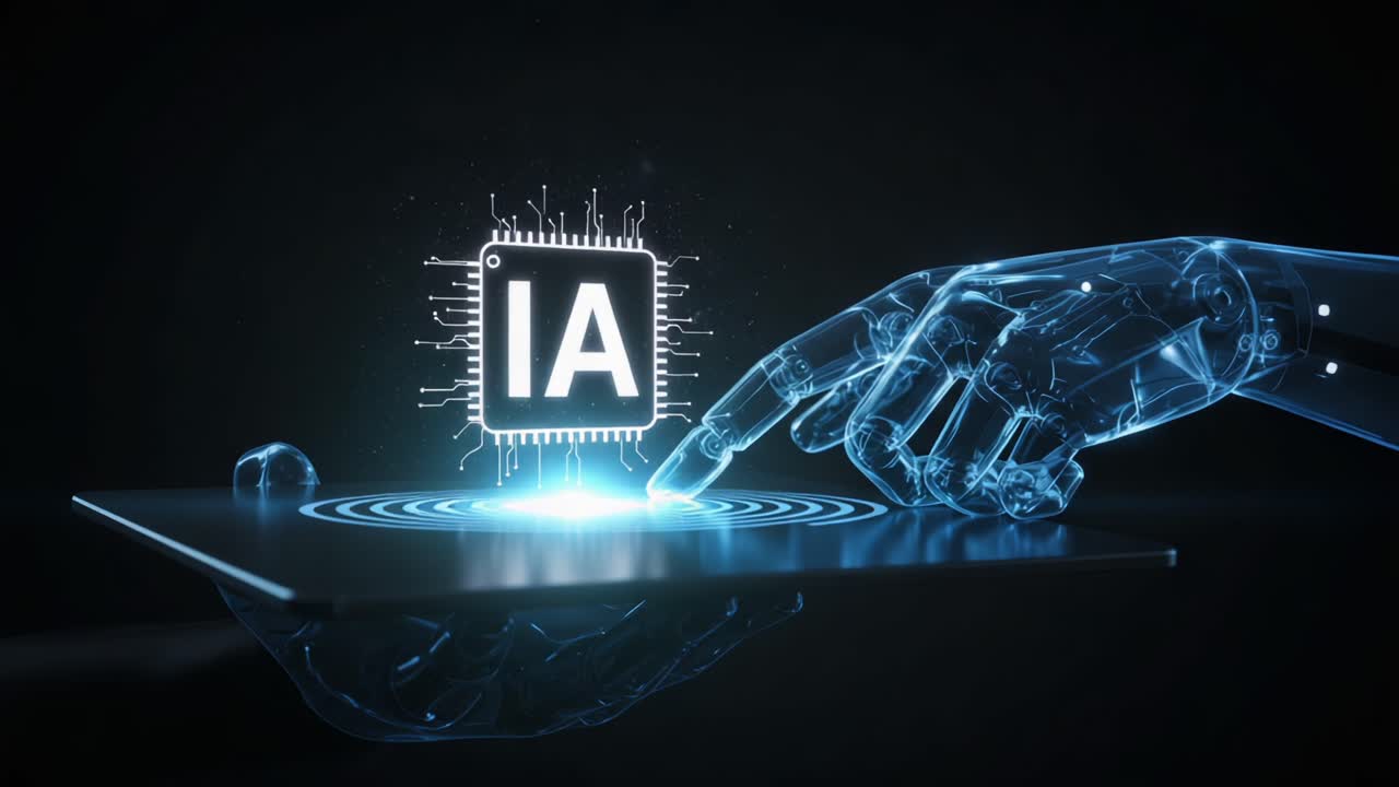 A futuristic depiction of intelligent technology, showcasing a robotic hand connecting with a digital interface that features an AI chip, symbolizing the integration of artificial intelligence