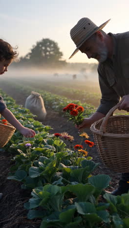 father and child picking flowers in a misty field at sunrise