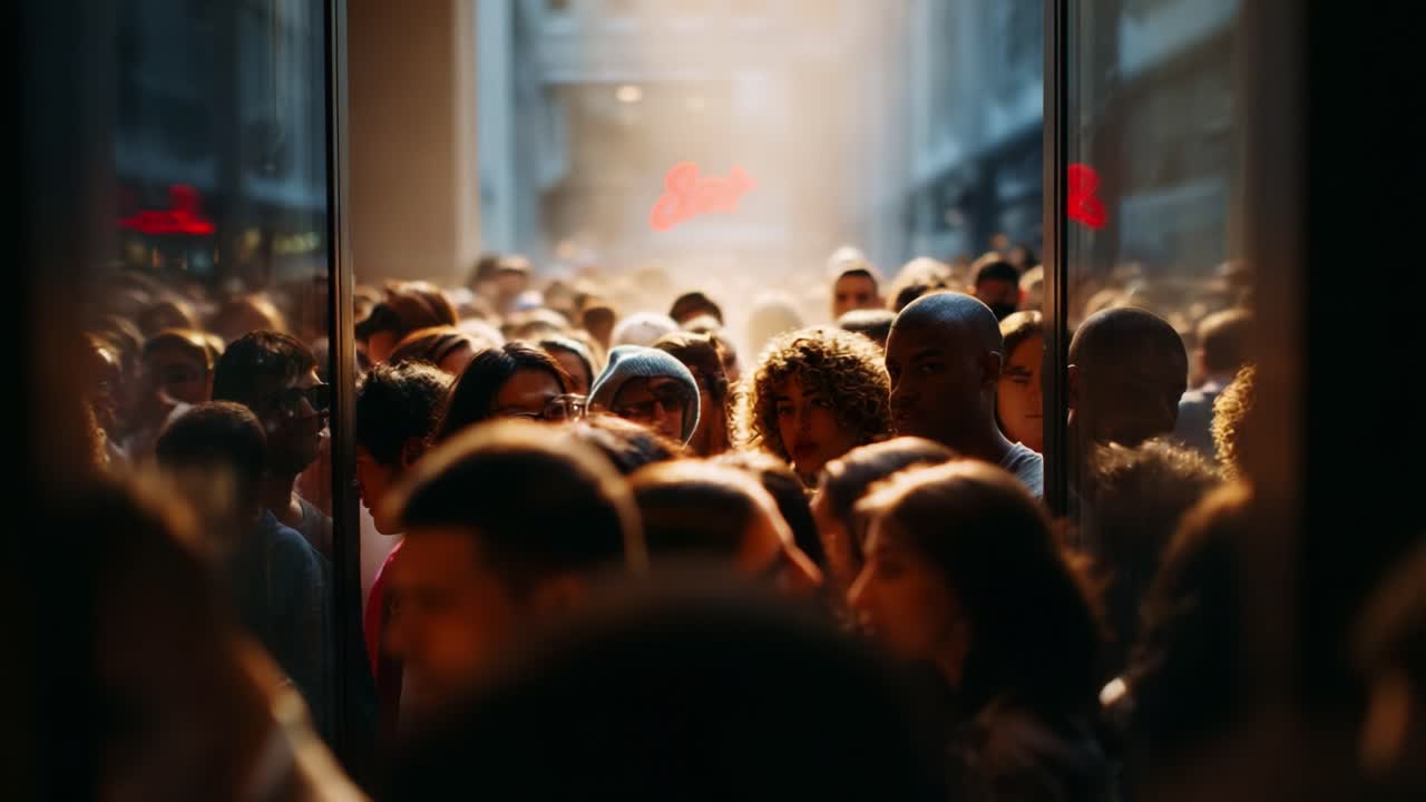 A bustling crowd gathers in a narrow passage, illuminated by soft light filtering through tall buildings, creating an atmosphere of energy and community among diverse faces