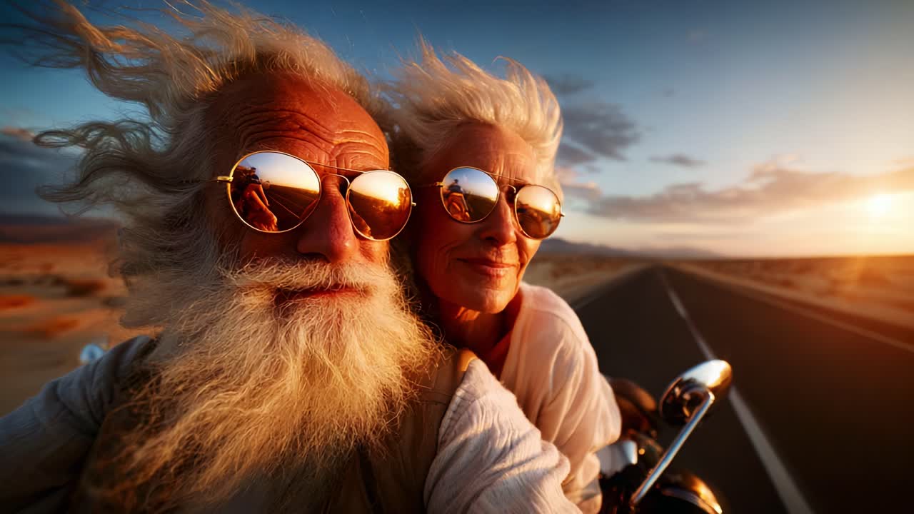 A Joyful Journey: An Elderly Couple Riding a Motorcycle Together, Embracing Adventure and Love Under a Beautiful Sunset, Capturing the Freedom of Life's Later Years