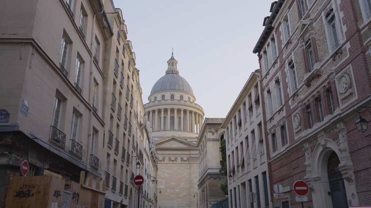 Exterior Of The Pantheon In Paris France With Streets In Foreground Shot in Slow Motion