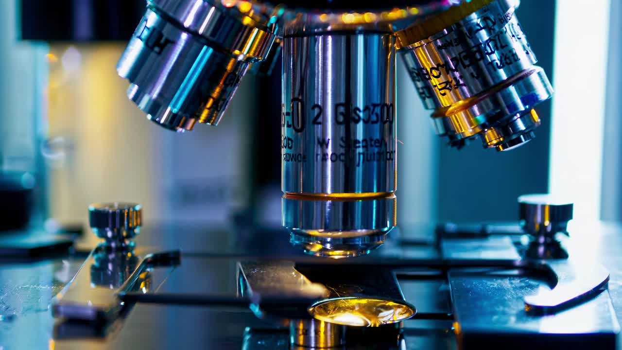 Close-up, low-angle shot of a microscope lens, highlighting scientific precision and detail