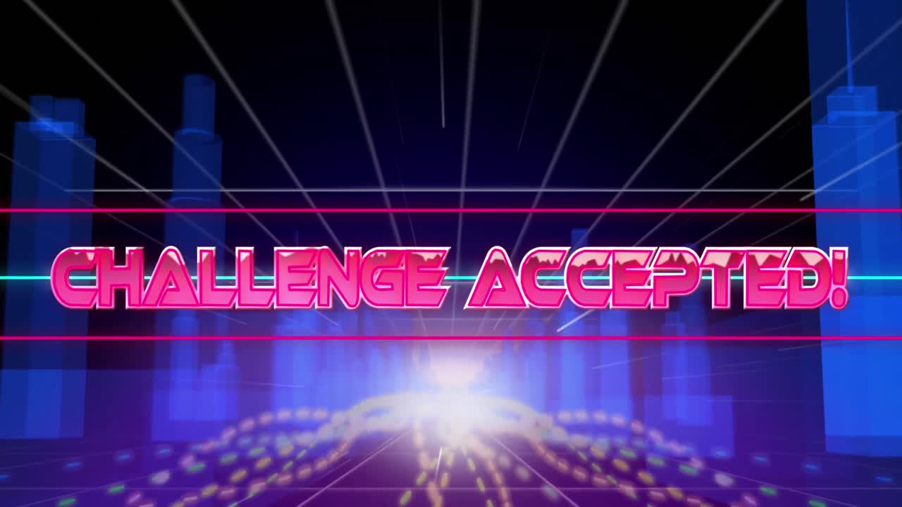 3d 도시 모델에 대한 빛 트레일 위에 도전 받아들여진 텍스트 배너의 애니메이션