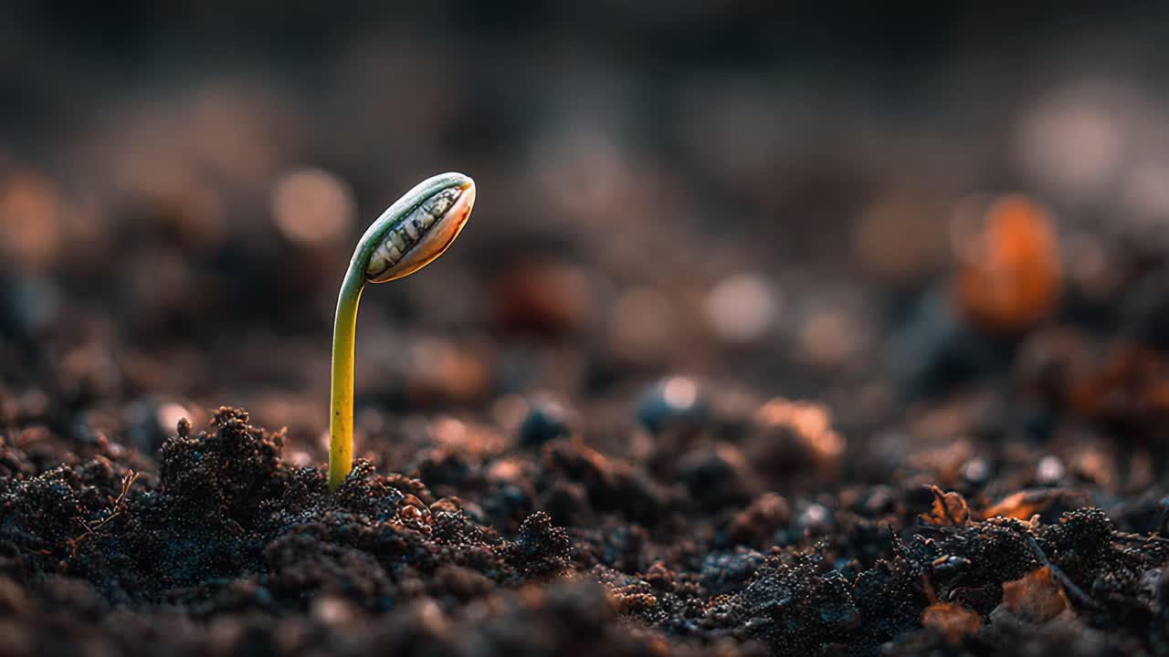A Close-Up Journey of a Seedling Emerges from Soil, Capturing the Miraculous Growth Stages from Germination to Awakening into Nature's Splendor