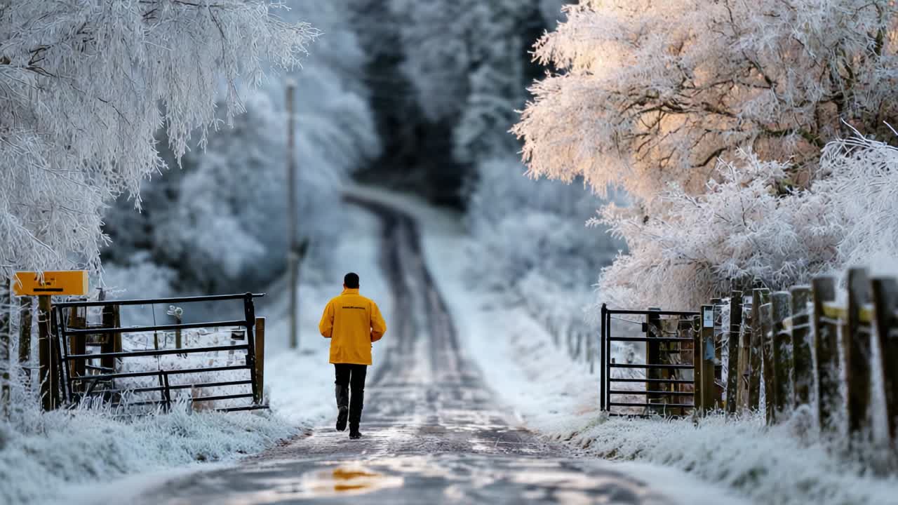 A solitary figure walks along a snow-covered path flanked by frost-draped trees, capturing the serene beauty of a winter landscape where the chill of a frosty morning envelops the tranquil scenery