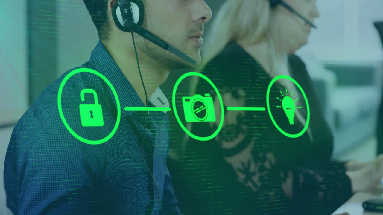 animación de una red de iconos digitales sobre diversos empresarios en la oficina