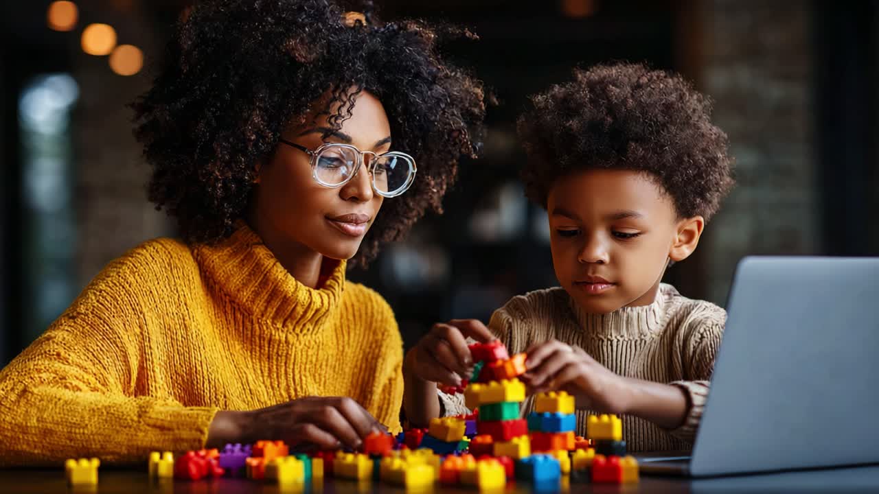 Engaging in Creative Play: A Mother and Son Building Together with Colorful Building Blocks, Fostering Bonding Through Imagination and Shared Learning Experiences