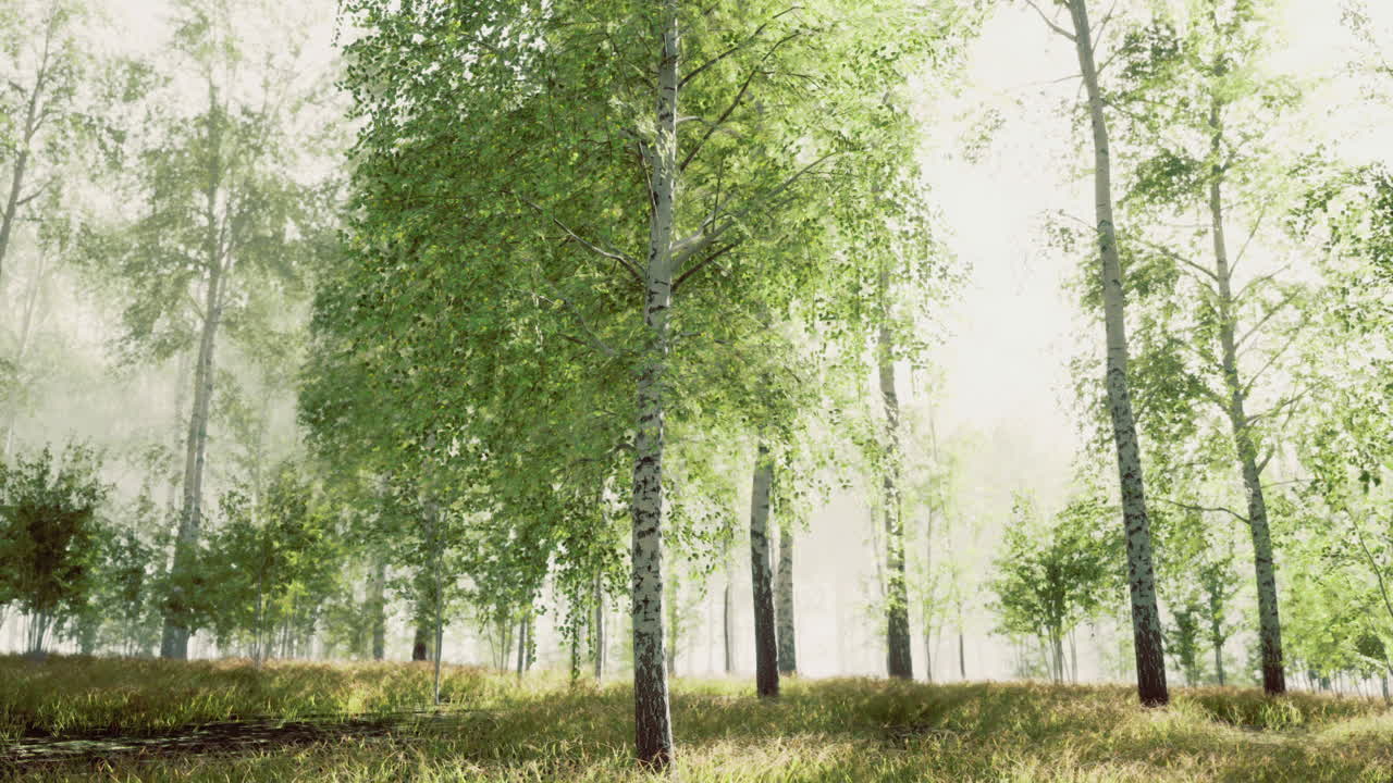 울창한 초록색과 부드러운 빛이 필터링되는 활기찬 숲