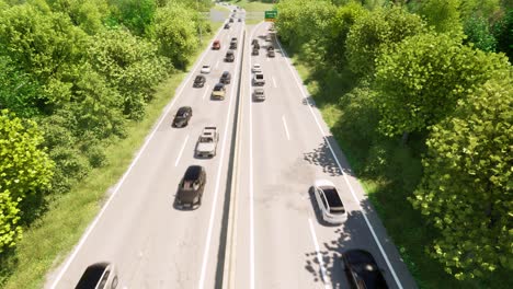 Highway-with-two-lanes-in-both-directions,-inside-a-forest,-with-cars-passing-by-3D-animation-perspective-view