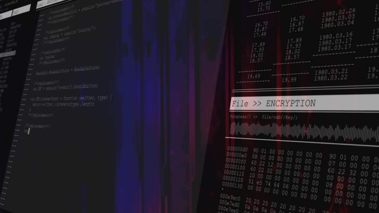 Glitch background starting editor and overlay showing code with hex dump updating during encrypting
