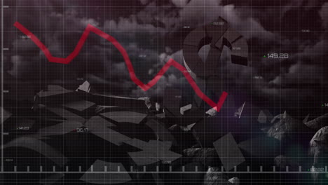 la animación de la línea roja y el procesamiento de datos financieros sobre el signo del dólar estadounidense se derrumbó.