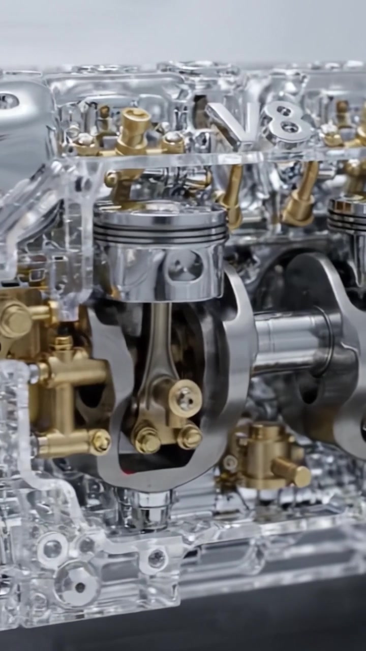 Visualizzazione dettagliata di un motore V8, che mostra meccanismi e componenti complessi in un rendering ad alta definizione per appassionati di automobili e ingegneri.