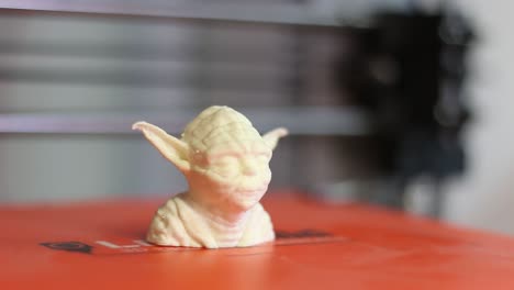 un modelo impreso en 3d de yoda se sienta en una impresora 3d