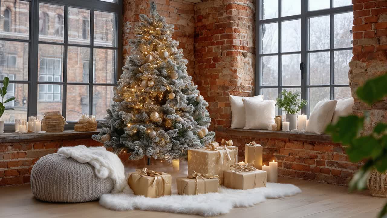 Un'accogliente scena natalizia con un albero di Natale decorato circondato da regali e illuminazione soffusa in un ambiente rustico con texture calde e decorazioni stagionali