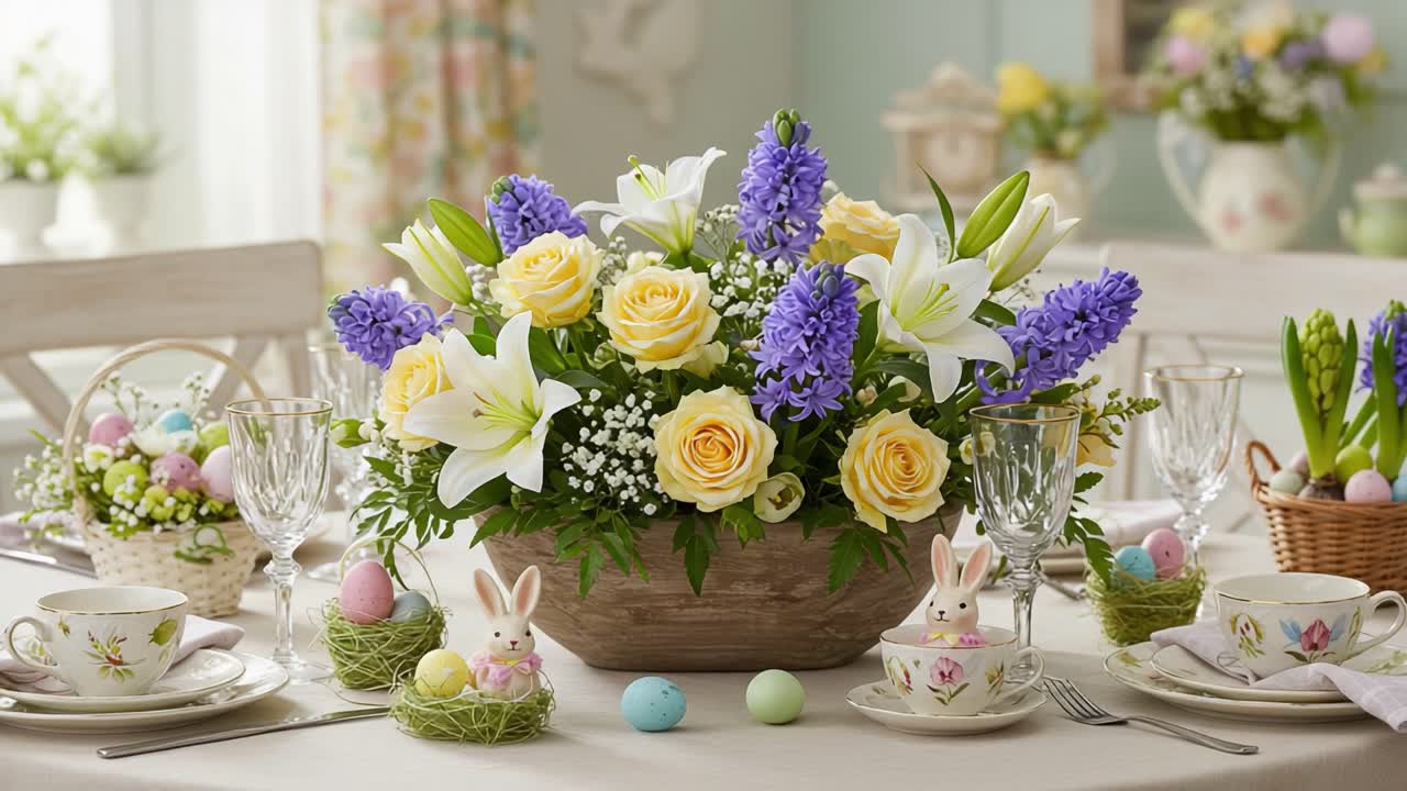 Beautifully Arranged Floral Centerpiece Featuring Versatile Spring Blooms, Delicate Roses, and Festive Decorations for an Enchanting Easter Table Setting