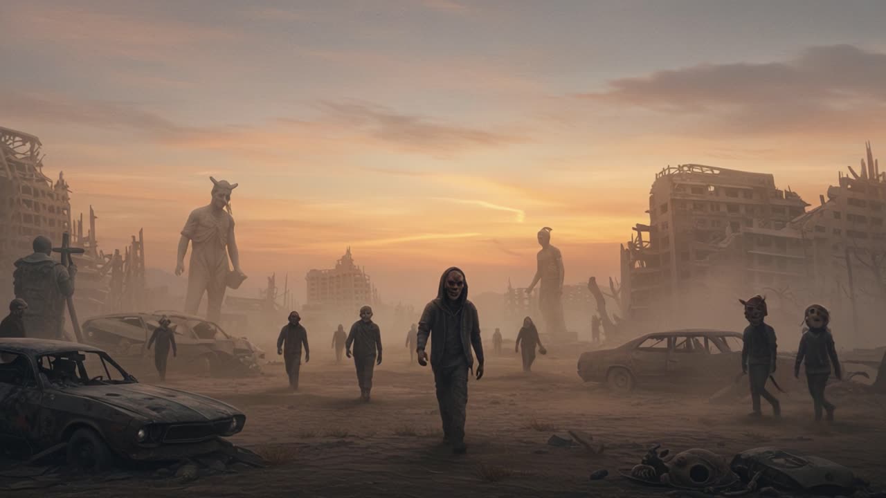 A haunting depiction of a post-apocalyptic landscape, where masked figures roam amidst the ruins of a once-thriving civilization, under a somber twilight sky