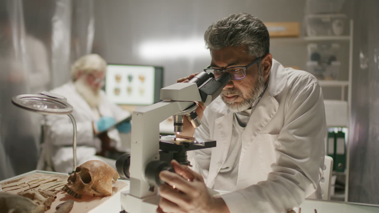 Scientist Conducting Archaeological Research with Microscope in Laboratory