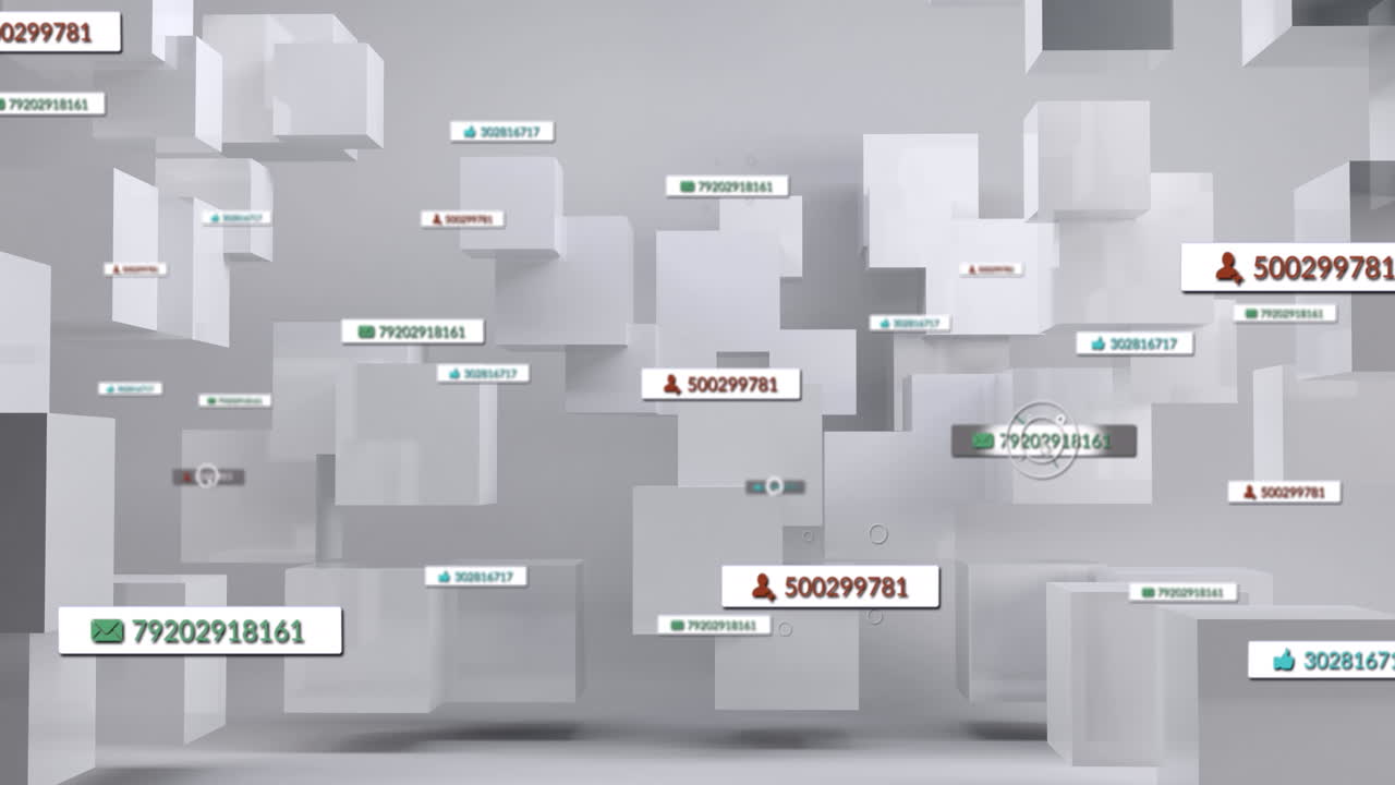 회색 배경의 큐브 위에 증가하는 숫자를 가진 소셜 미디어 아이콘의 애니메이션