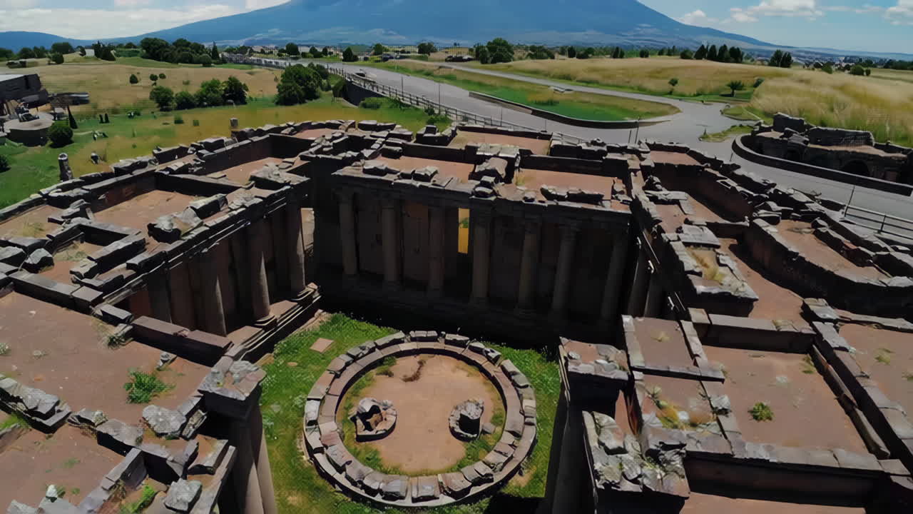 Ancient Ruins with Volcano Background