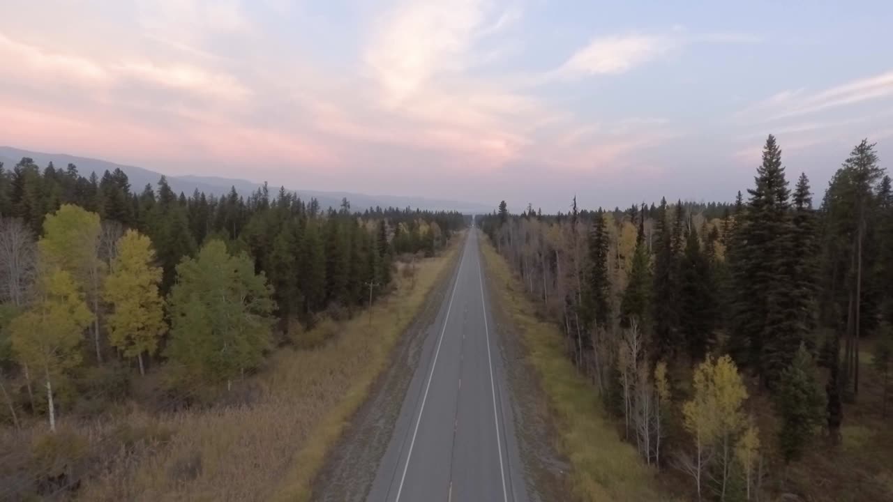 пролетая над зеленым лесом, рассвет начинает пробиваться сквозь далекие горы