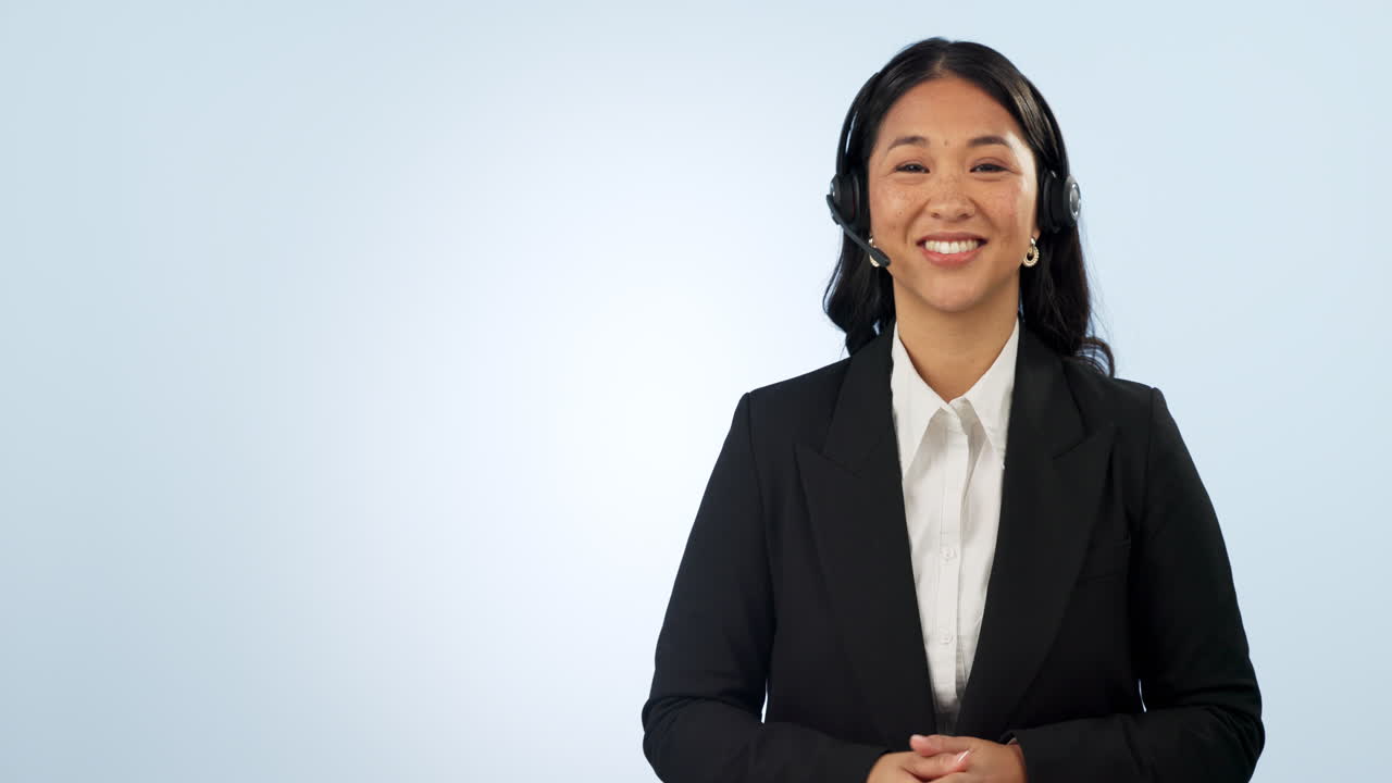 Face, pointing and woman with telemarketing