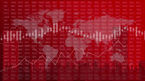 red animation of graphs and charts with variable numbers. blurred background for business presentation with world map. looped motion graphics.