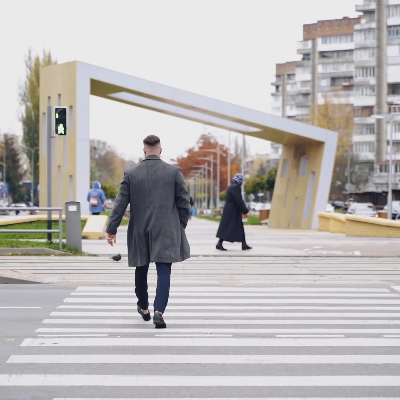Backside view of a young man in the city. Back of a man in warm coat crossing the road on the green light of the traffic lights. Slow motion.