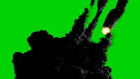 a high-quality cinematic video of a shooting star or meteor flying from the sky, lighting up the darkness and releasing clouds of smoke in front of a green screen.