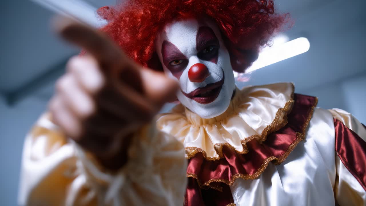 Un vivido ritratto di un clown con capelli rosso acceso, costume colorato e un gesto sinistro catturato in due fotogrammi chiave di una sequenza video coinvolgente