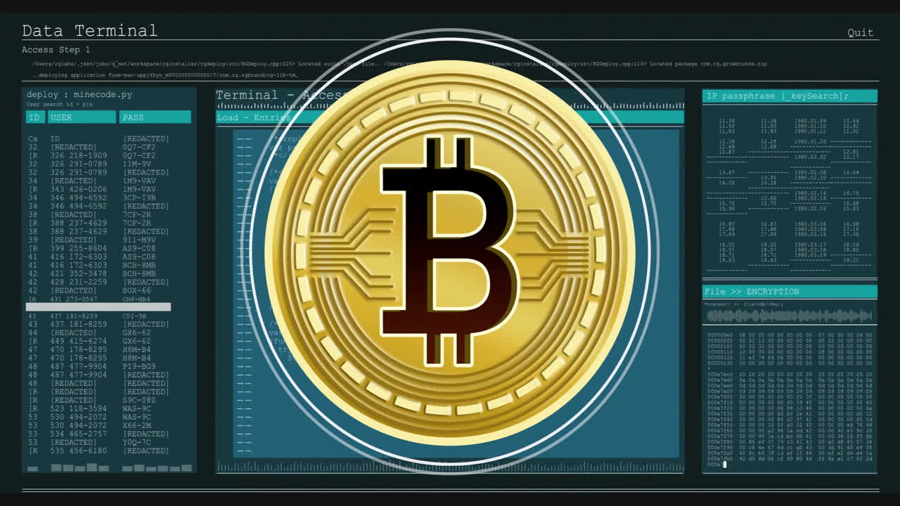 Bitcoin symbol with coding elements in digital animation on terminal interface