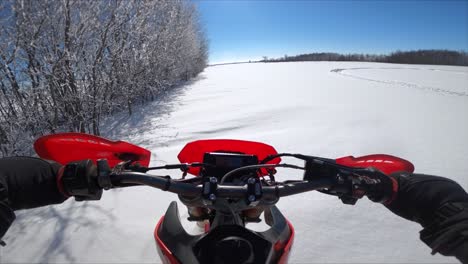 snowbike pov riding through fresh powder along snowy trees in field