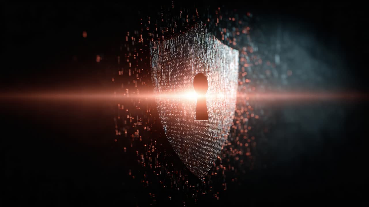 A visually striking representation of security, showcasing a shield with a keyhole emitting light and particles, symbolizing digital protection and safeguarding information