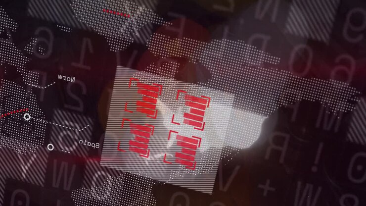 Digital data processing animation with abstract red and white background elements