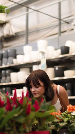 woman smelling and choosing plants in garden center. vertical