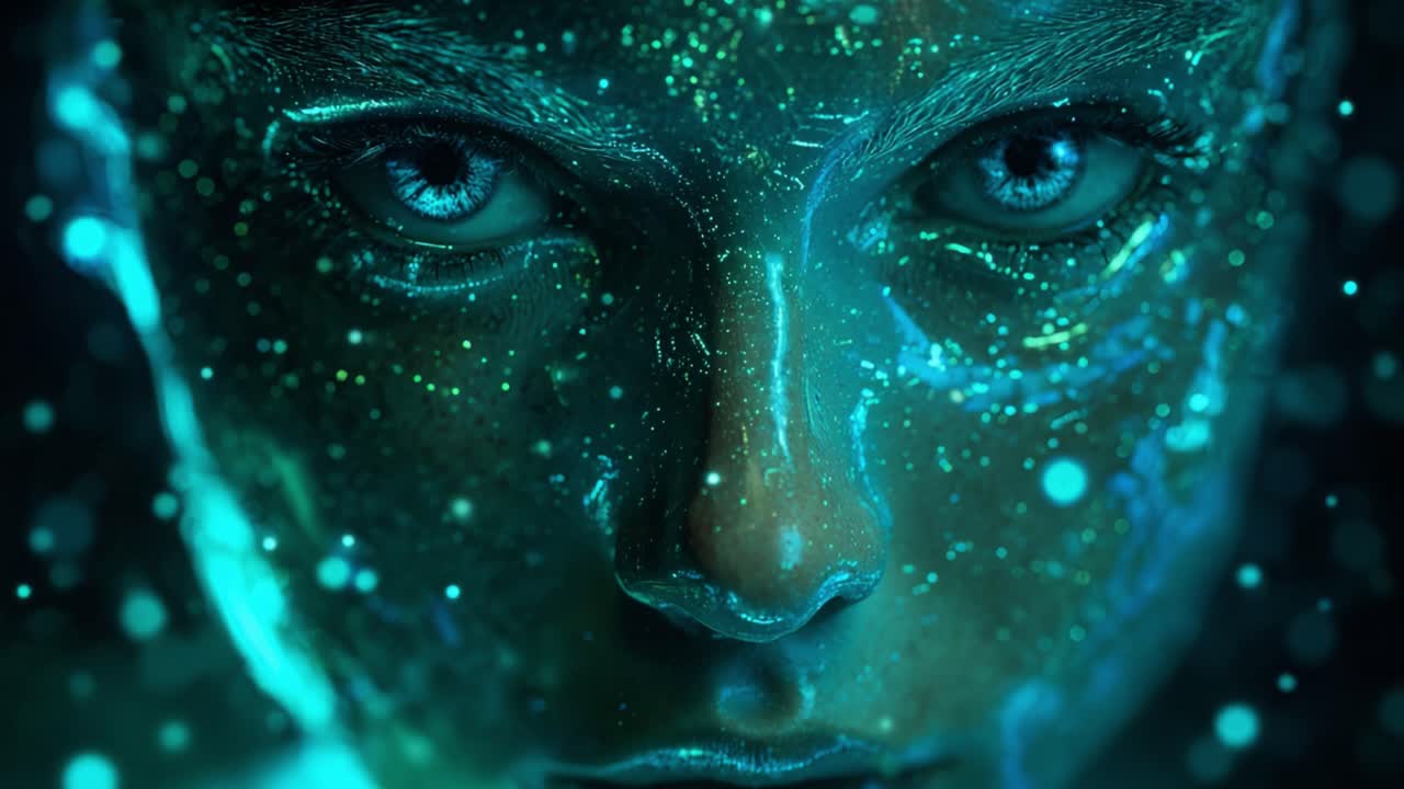 Mystical woman's face painted in fluorescent neon and glitter under ultraviolet light, piercing blue eyes and futuristic makeup creating a cosmic, ethereal portrait on a dark background