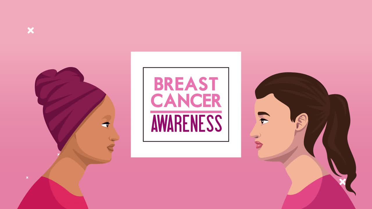 유방암 글자 애니메이션과 인종 간 소녀 사각형 프레임