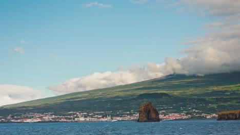 Approaching-to-Pico-island-by-boat-in-the-Azores,-Portugal