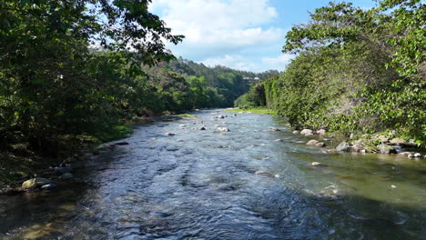 Slow-drone-flight-over-natural-river-with-rocks-and-with-trees-on-Dominican-Republic,-Rio-Yaque-del-Norte