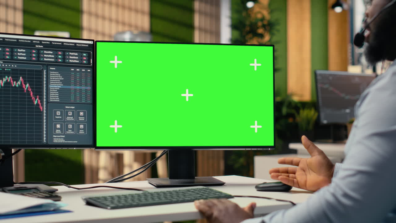 Financial advisor in office offers investment guidance during call with client