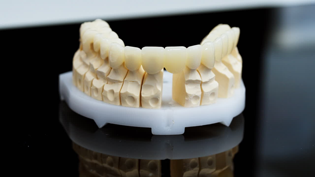 義歯モデルに装着されたデンタルベニアとクラウンのクローズアップ。歯科技工所で製作された審美歯科修復。