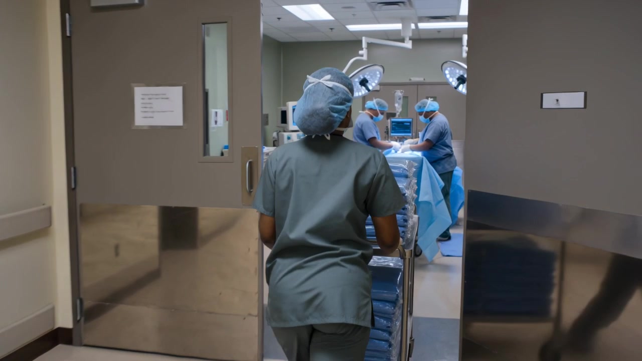 Pushing staffer in green scrubs after supply request, bringing wheeled cart with blue packs into OR