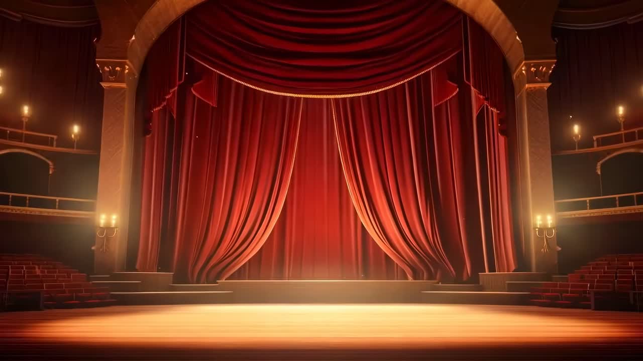 Elegante palco teatrale con ricche tende rosse, ripreso da un angolo basso, che evoca un video cinematografico