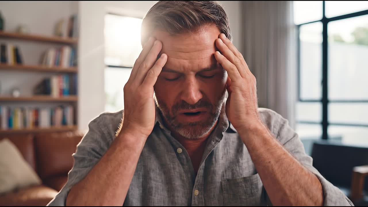 Man holding head in pain sitting at home suffering severe headache and stress
