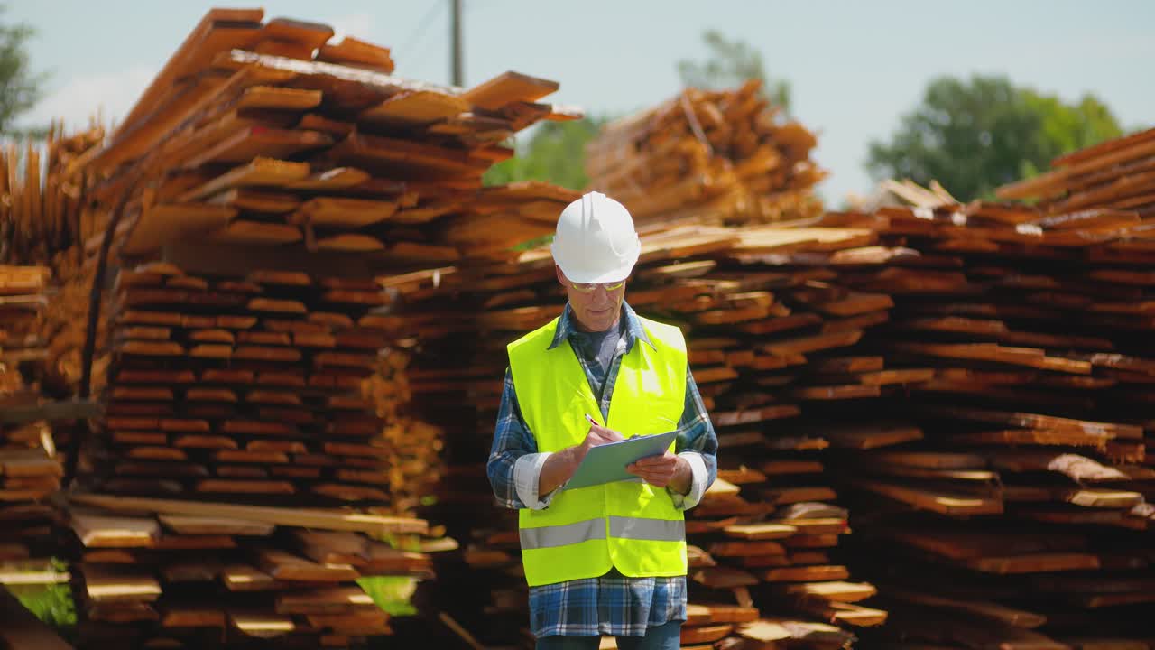 trabajador masculino examinando la pila de tablones 24